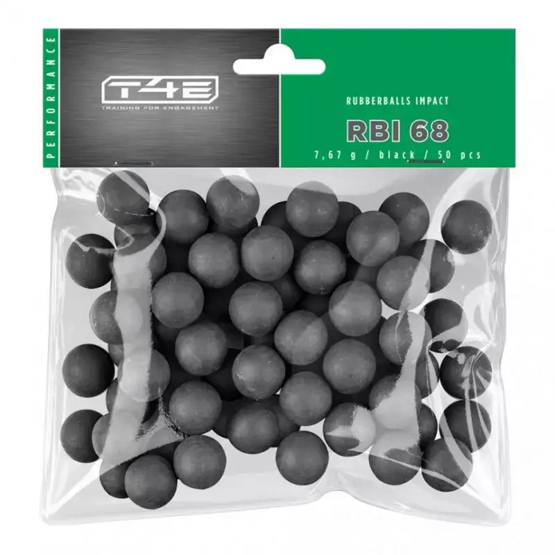 T4E RBI .68 Balles caoutchouc noyau acier x50 dans un sachet transparent avec 50 billes noires.