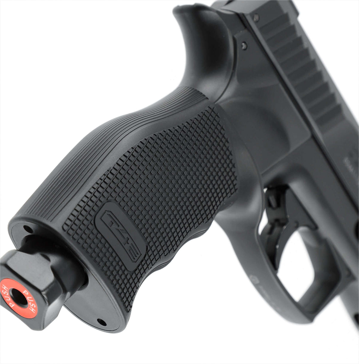 PIST T4E TP50 GEN.2 CAL 50 - 7.5 J grip detail, showcasing ergonomic design and CO₂ compatibility.