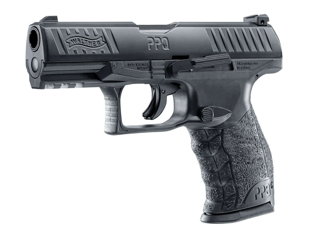 pistolet de défense T4E Walther PPQ M2 en vue latérale, réplique CO2 calibre .43, conçu pour la défense personnelle.