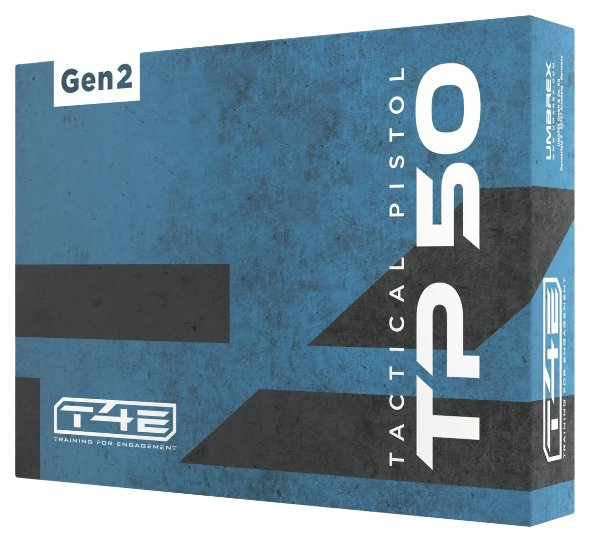 PIST T4E TP50 GEN.2 CAL 50 - 7.5 J packaging design, tactical pistol box with modern blue graphics.