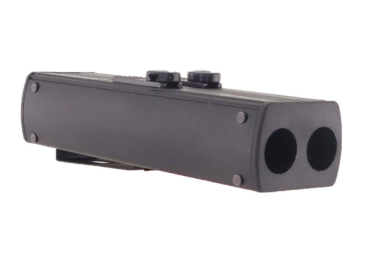 Pistolet de défense CO2 calibre 68 noir à double canon, gros plan sur la bouche