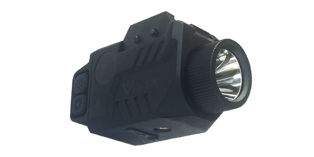 Vesta Defense C1 Lampe + Laser 21mm USB 500lm étanche IPX4 vue latérale avec interrupteurs et lentille brillante.