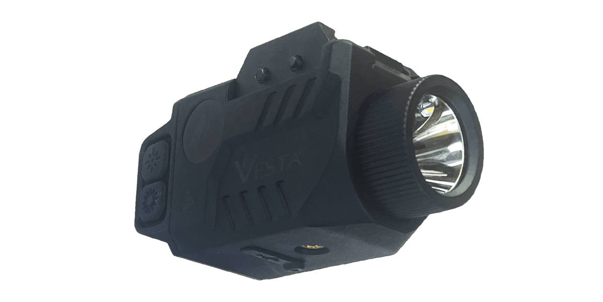 Vesta Defense C1 Lampe + Laser 21mm USB 500lm étanche IPX4 vue latérale avec interrupteurs et lentille brillante.