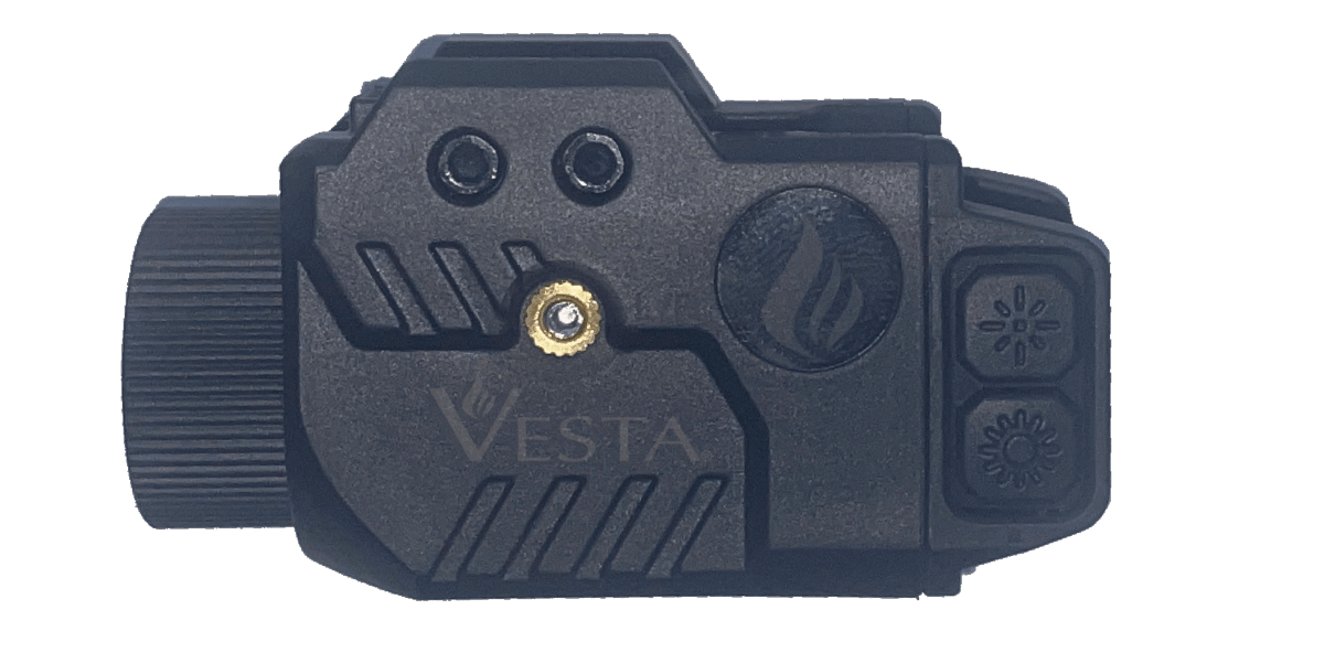 Vesta Defense C1 Lampe + Laser 21mm USB 500lm étanche IPX4 vue latérale montrant les boutons et le design compact.