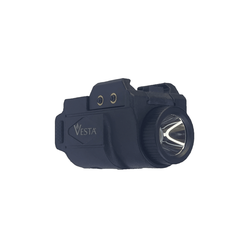 Vesta Defense F1 Lampe Tactique Strobe USB 21mm 500lm étanche IPX4 vue de côté sur fond transparent.