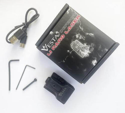 Vesta Defense L1 Nano Laser USB Picatinny 21mm étanche IPX6 avec accessoires et boîte.