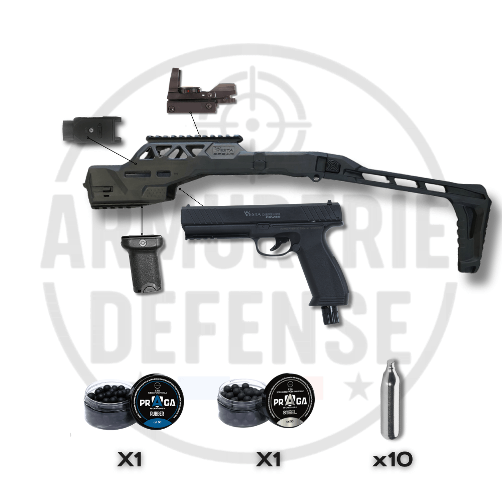VESTA PDW50 SPEAR PACK ULTIMATE components including rifle stock, grip, red dot sight, and accessories.