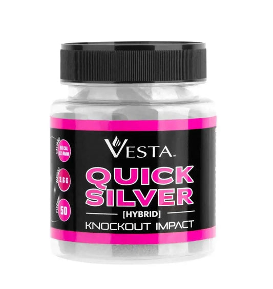billes VESTA Quick Silver Cal.50 dans un pot avec une étiquette colorée, munitions hybrides pour défense.