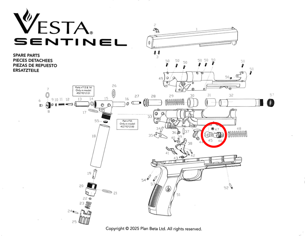 Pièces détachées Vesta Sentinel/PDW50 - Schéma des composants de l'arme avec ressort et poussoir en surbrillance.