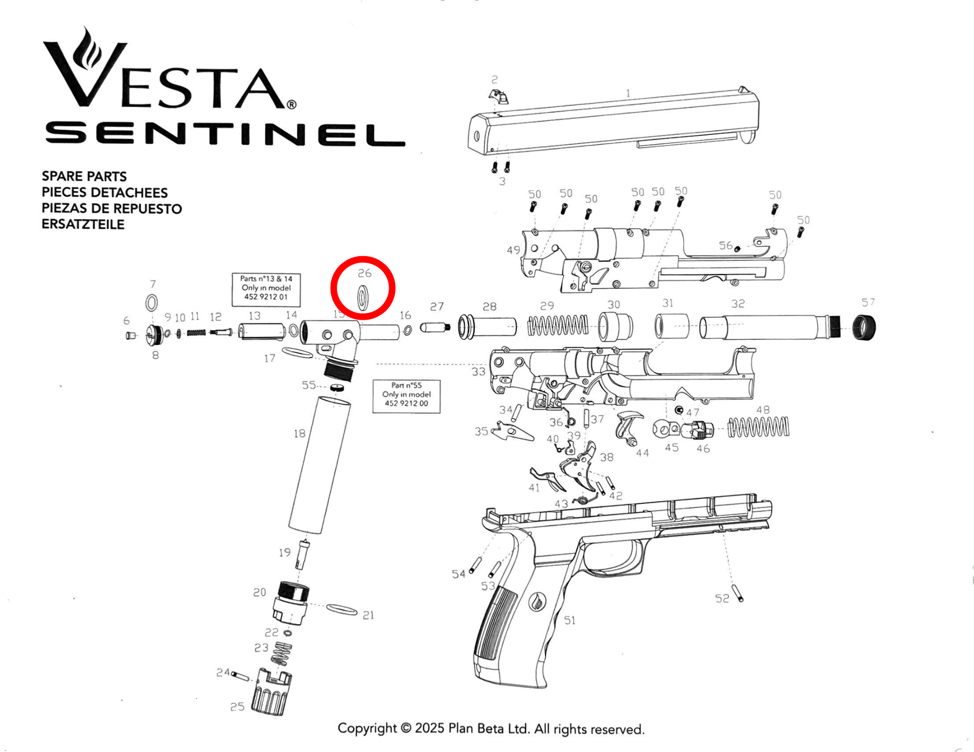 pièces détachées Vesta Sentinel/PDW50 diagram showing components for maintenance and repair