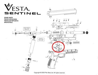 Schéma des pièces détachées Vesta Sentinel PDW50, y compris joints et ressorts.