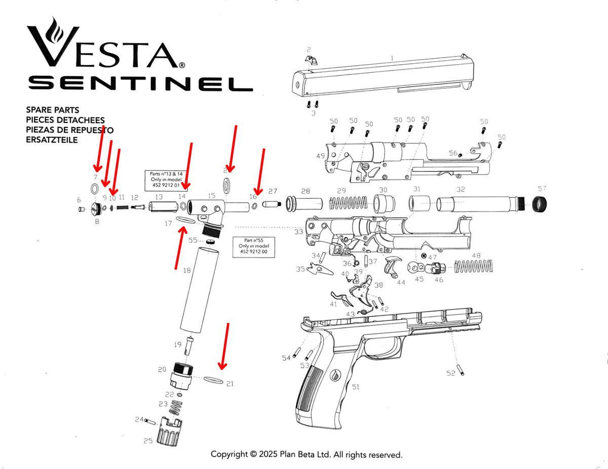 Schéma des pièces détachées Vesta Sentinel/PDW50 avec composants essentiels pour réparation.
