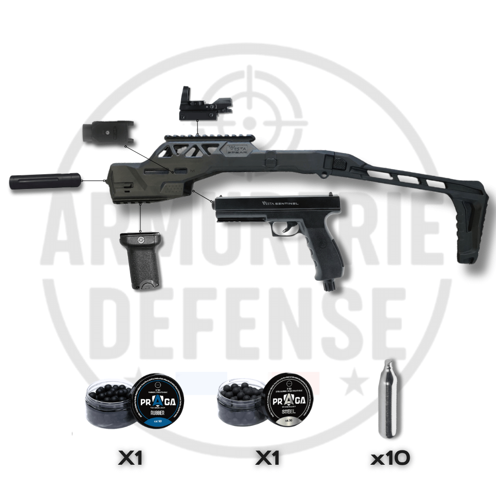 VESTA SENTINEL SPEAR PACK ULTIMATE featuring launcher, accessories, and ammunition for enhanced defense capabilities.