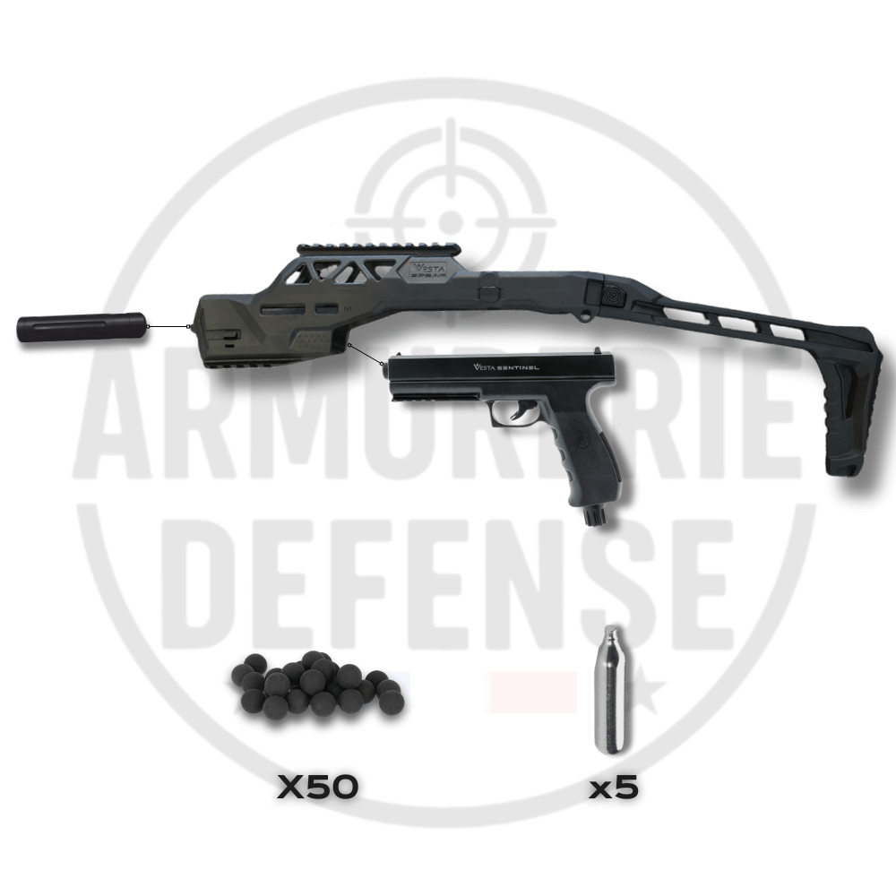 VESTA SENTINEL SPEAR PACK ESSENTIAL featuring launcher, ammo, and CO2 cartridges for immediate use.