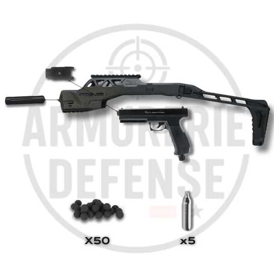 VESTA SENTINEL SPEAR PACK PREMIUM avec carabine, accessoires et munitions sur fond de logo d'Armurerie Defense.