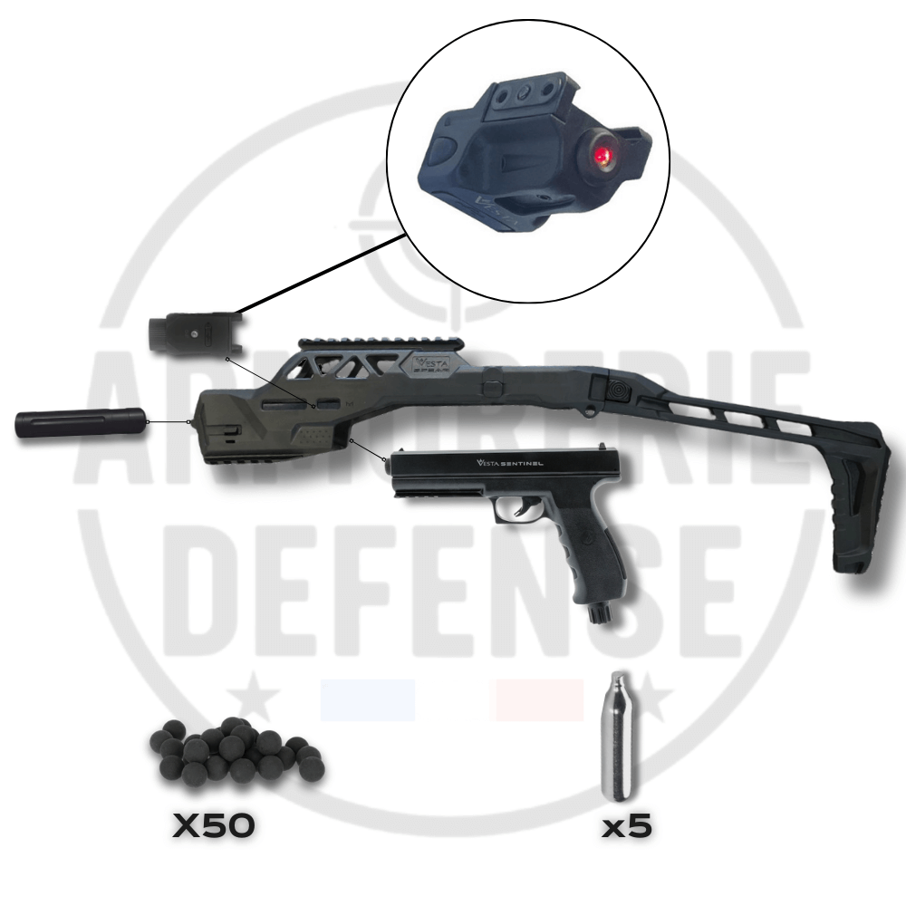 VESTA SENTINEL SPEAR PACK PREMIUM with accessories, including CO₂ cartridges and a red dot sight.