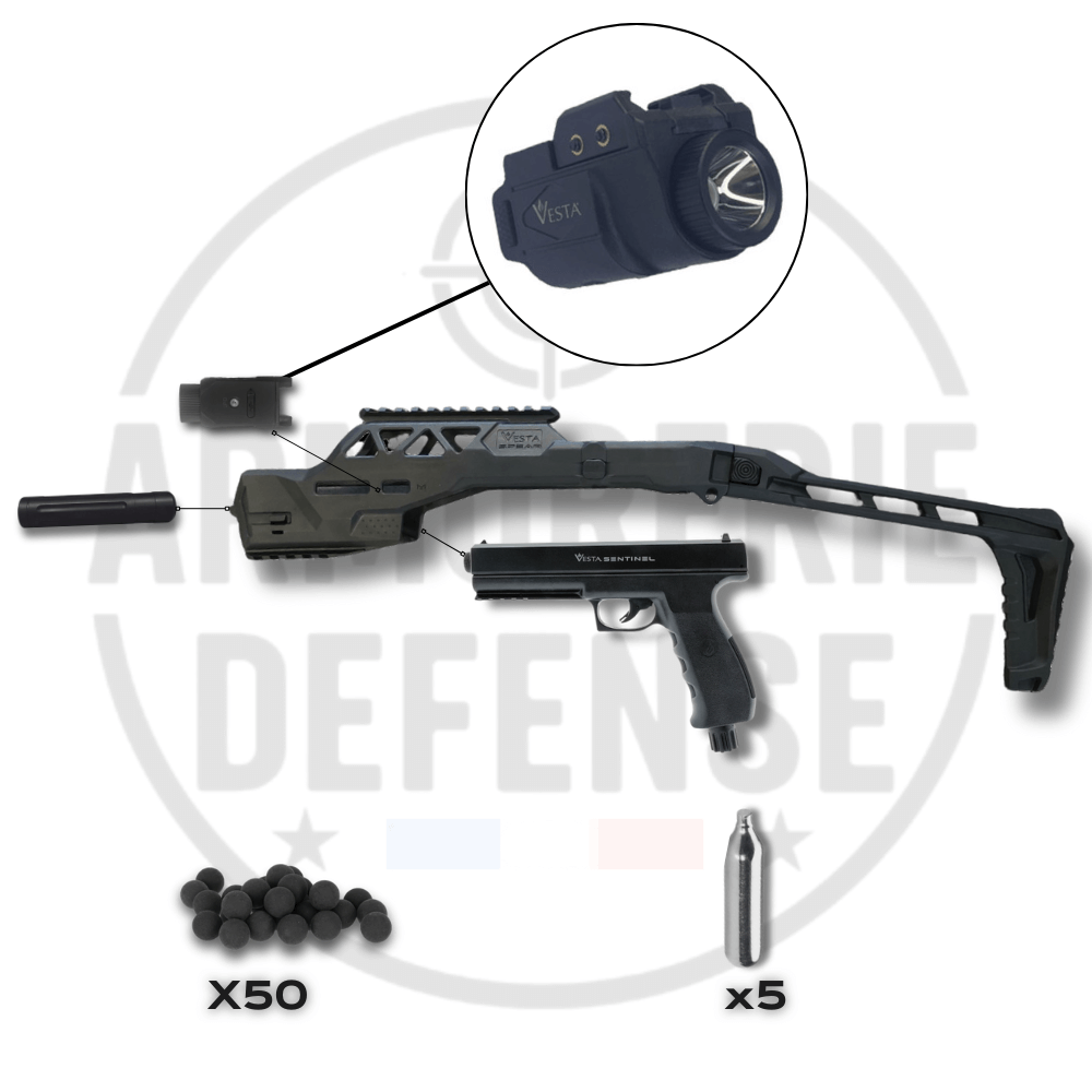VESTA SENTINEL SPEAR PACK PREMIUM featuring CO₂ launcher, tactical rifle kit, and accessories for optimal defense.